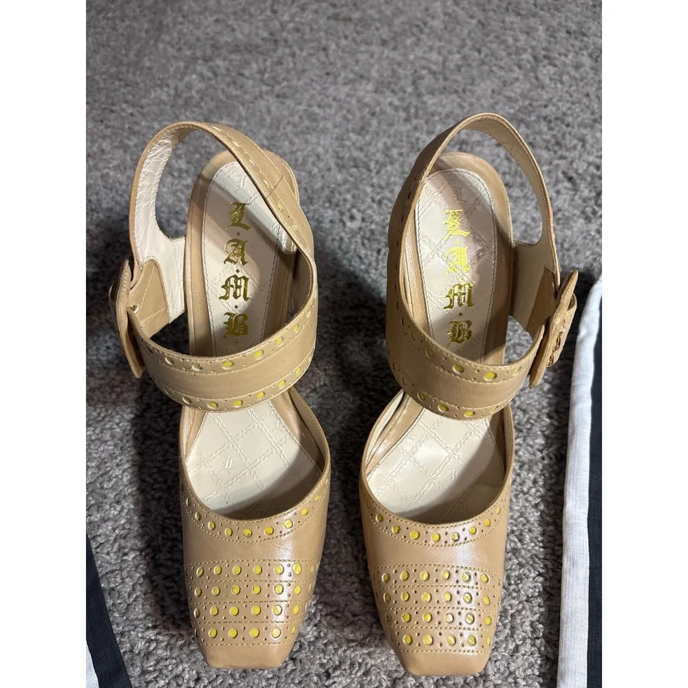 LAMB Gwen Stefani Tan Beige Yellow Perforated Platform Mary Jane Heels Pumps 6.5